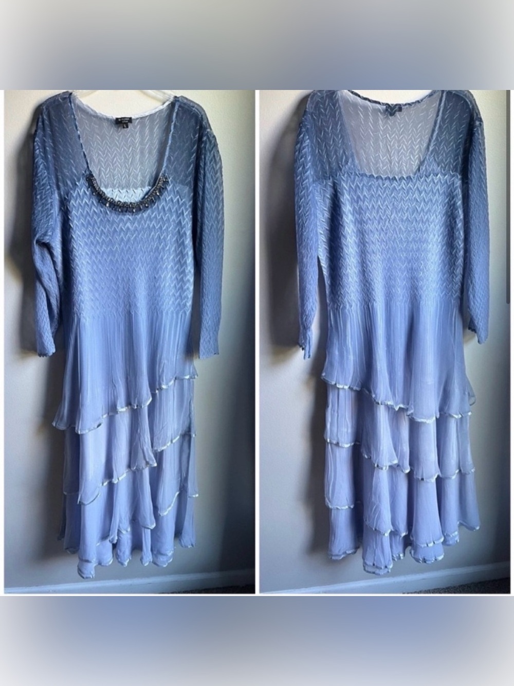 Komarov Ombre Dress with Scoop Beaded Neckline and Sheer Shoulders Tiered Large
